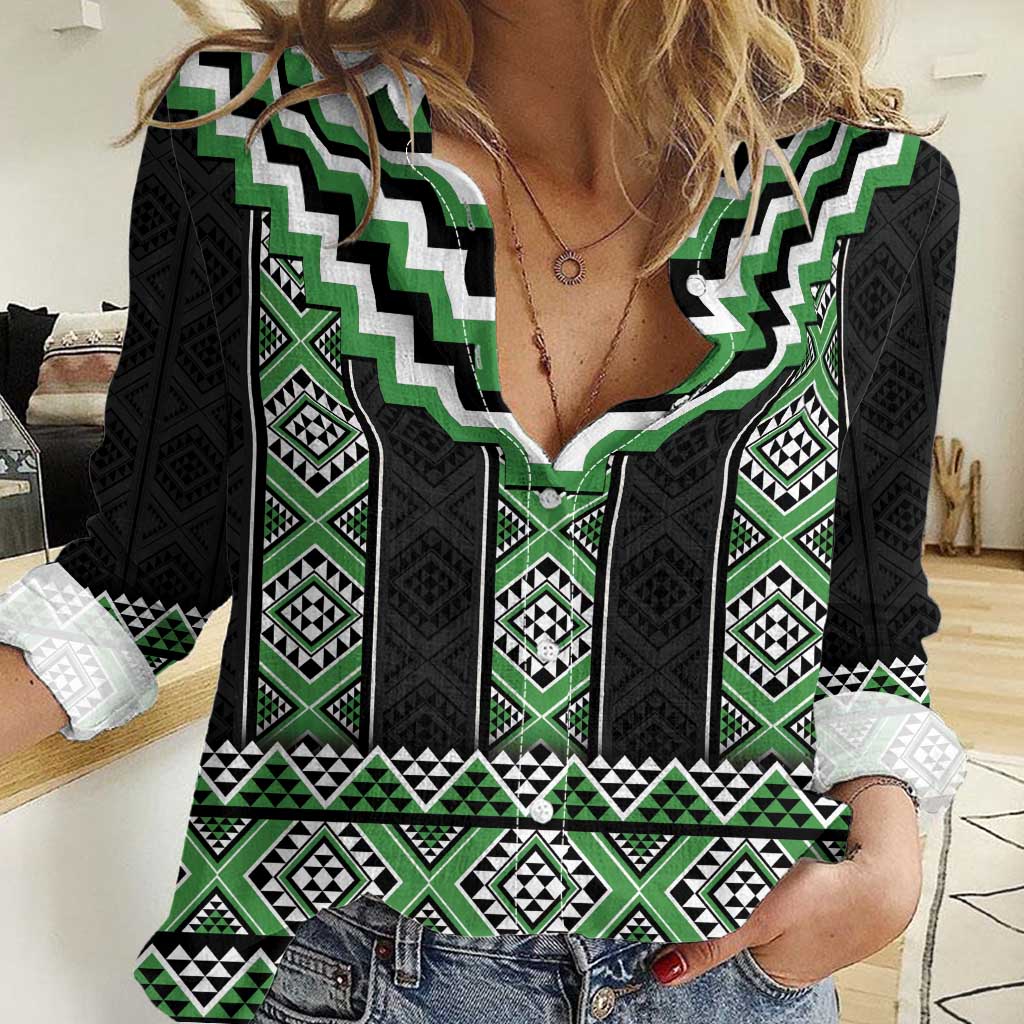 Green Taniko Pattern Aotearoa Women Casual Shirt Niho Taniwha Mix Poutama - Vibe Hoodie Shop