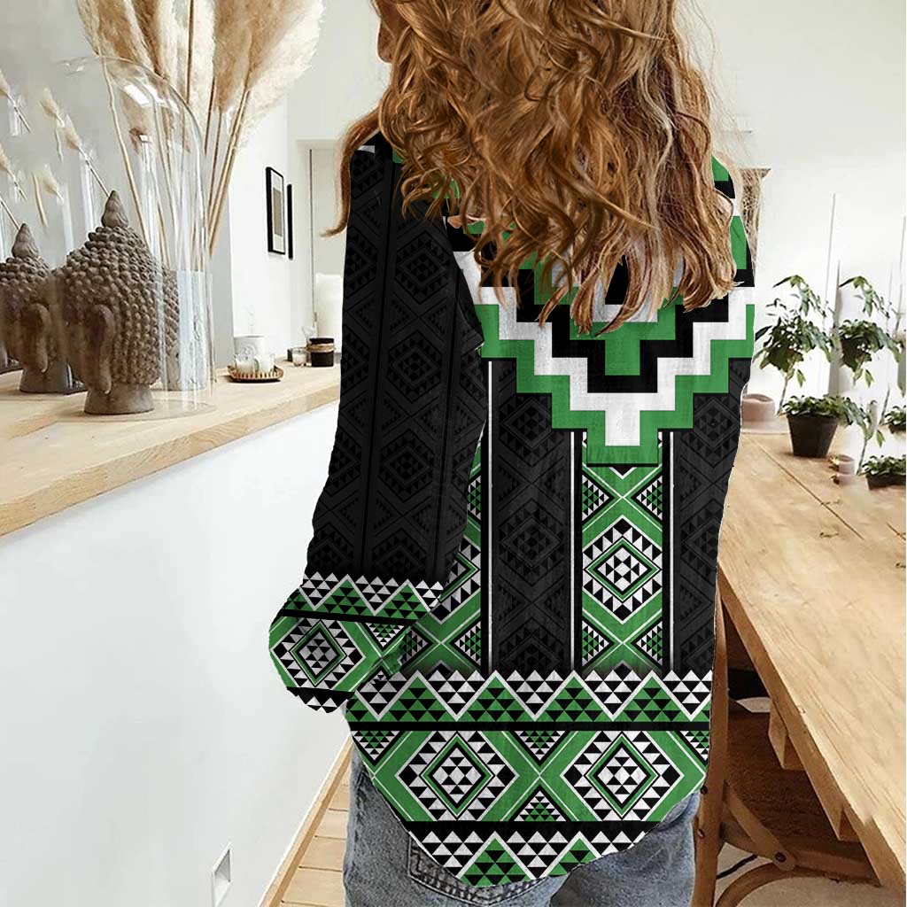 Green Taniko Pattern Aotearoa Women Casual Shirt Niho Taniwha Mix Poutama - Vibe Hoodie Shop