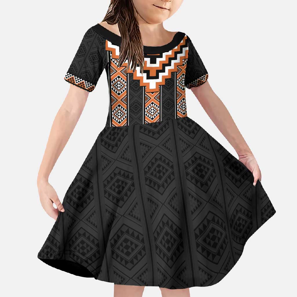 Orange Taniko Pattern Aotearoa Family Matching Long Sleeve Bodycon Dress and Hawaiian Shirt Niho Taniwha Mix Poutama LT14