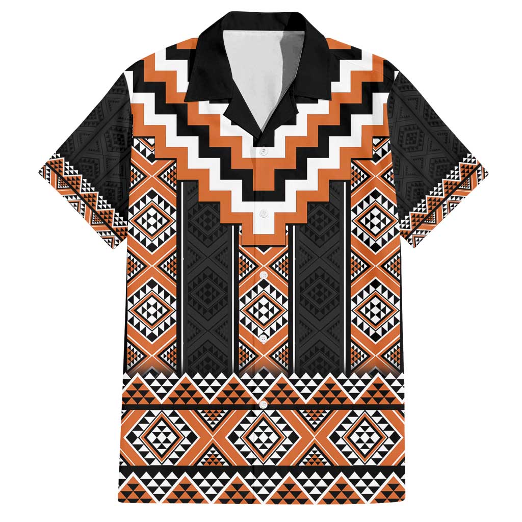 Orange Taniko Pattern Aotearoa Family Matching Long Sleeve Bodycon Dress and Hawaiian Shirt Niho Taniwha Mix Poutama LT14