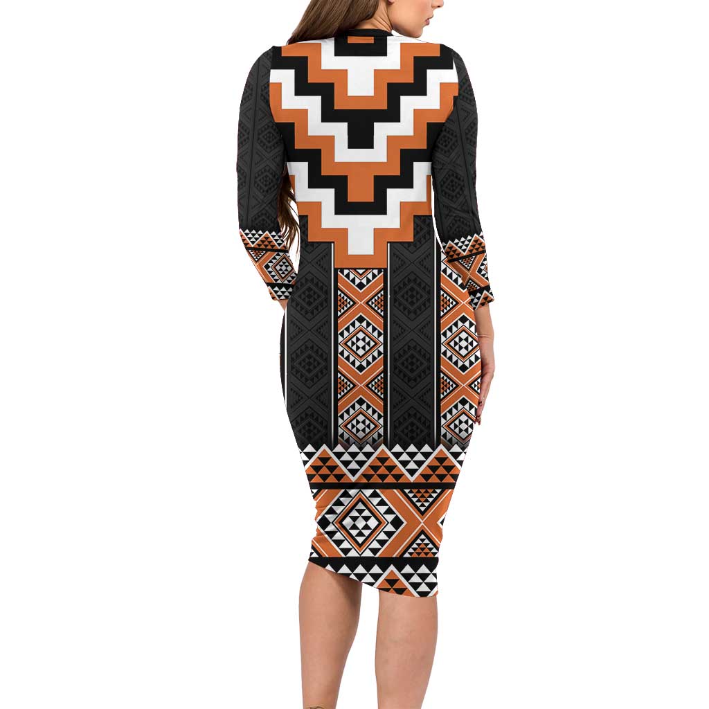 Orange Taniko Pattern Aotearoa Family Matching Long Sleeve Bodycon Dress and Hawaiian Shirt Niho Taniwha Mix Poutama LT14