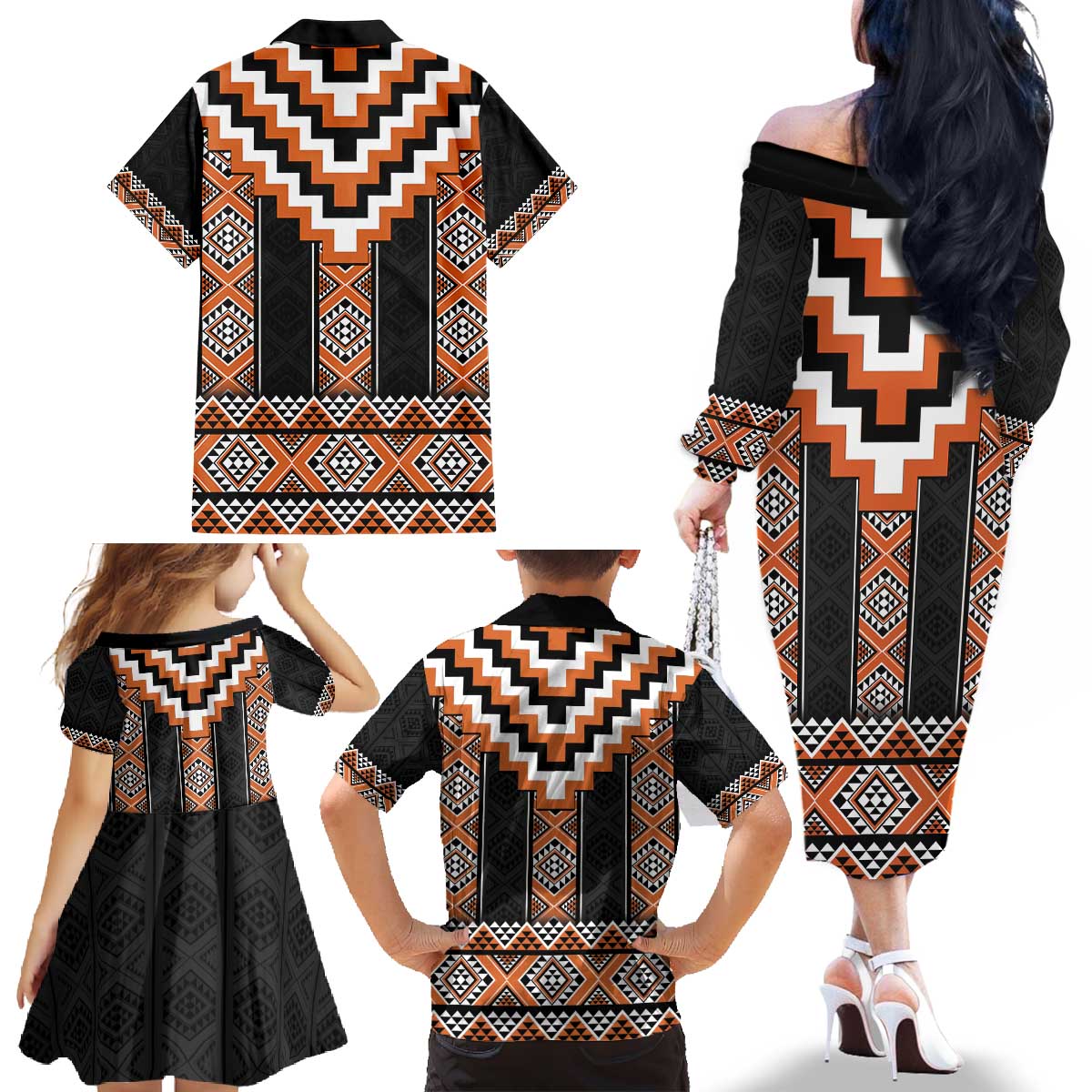 Orange Taniko Pattern Aotearoa Family Matching Off The Shoulder Long Sleeve Dress and Hawaiian Shirt Niho Taniwha Mix Poutama LT14