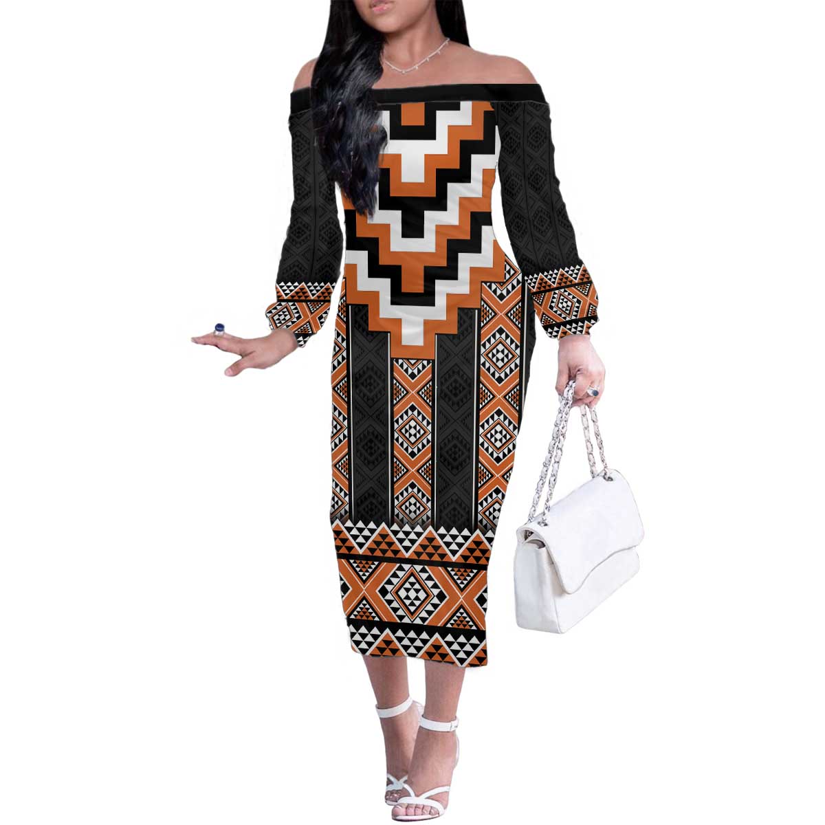 Orange Taniko Pattern Aotearoa Family Matching Off The Shoulder Long Sleeve Dress and Hawaiian Shirt Niho Taniwha Mix Poutama LT14