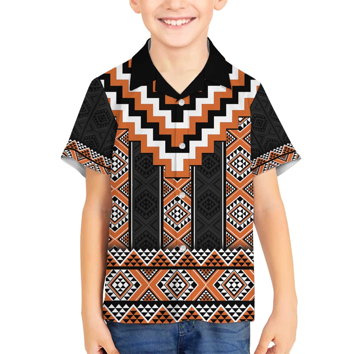 Orange Taniko Pattern Aotearoa Family Matching Off The Shoulder Long Sleeve Dress and Hawaiian Shirt Niho Taniwha Mix Poutama LT14