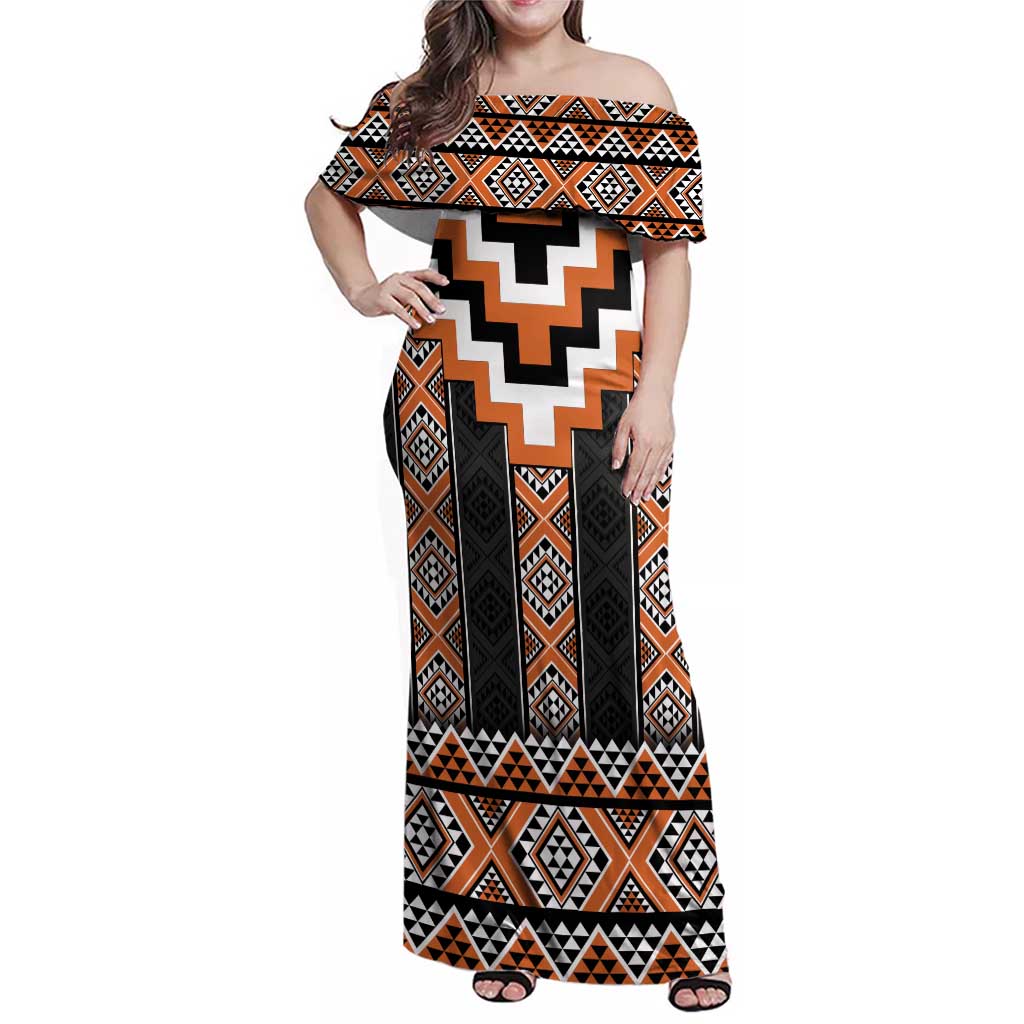 Orange Taniko Pattern Aotearoa Family Matching Off Shoulder Maxi Dress and Hawaiian Shirt Niho Taniwha Mix Poutama LT14