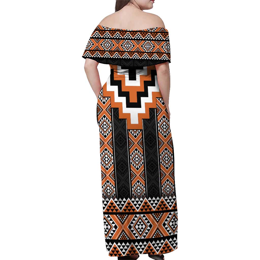 Orange Taniko Pattern Aotearoa Family Matching Off Shoulder Maxi Dress and Hawaiian Shirt Niho Taniwha Mix Poutama LT14