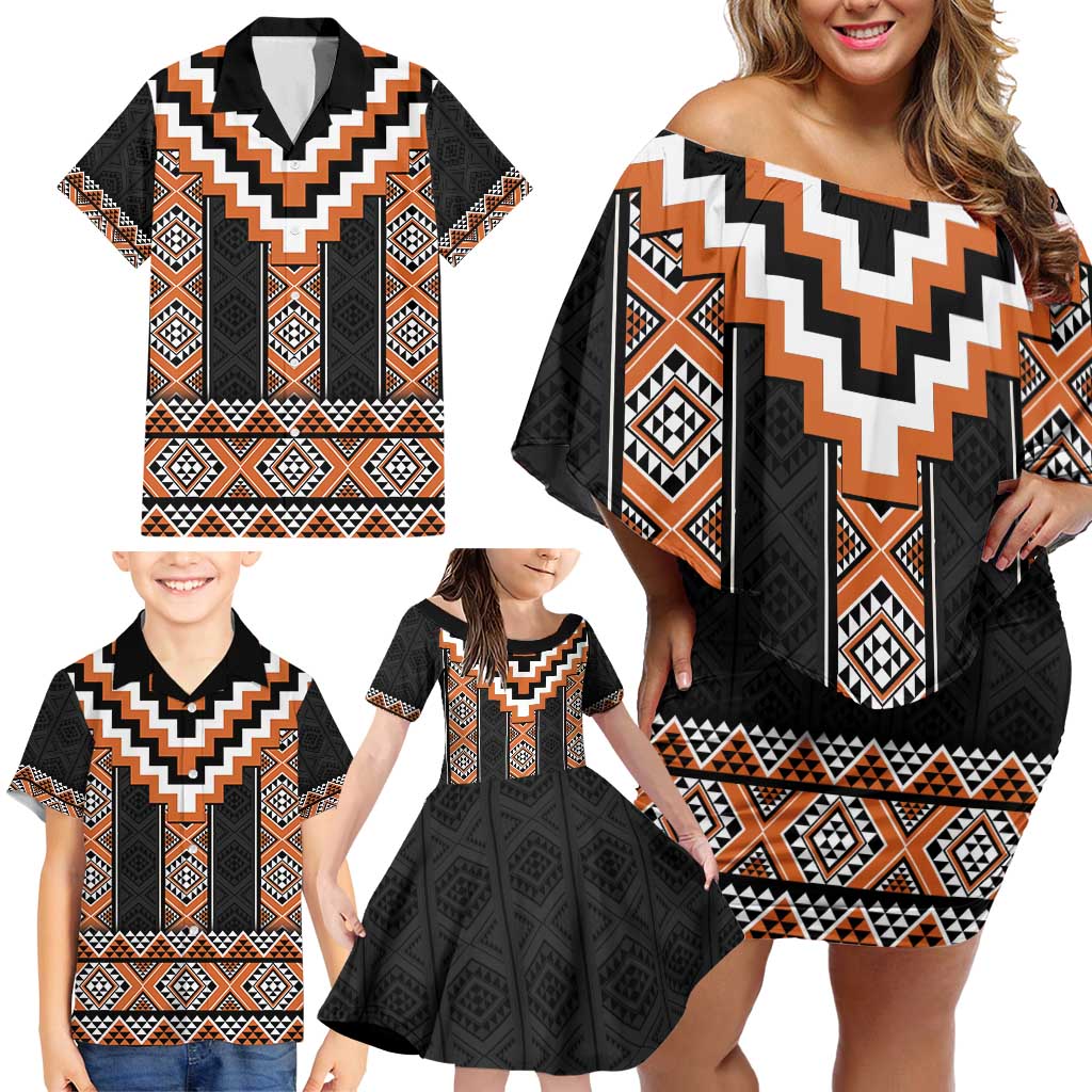 Orange Taniko Pattern Aotearoa Family Matching Off Shoulder Short Dress and Hawaiian Shirt Niho Taniwha Mix Poutama LT14