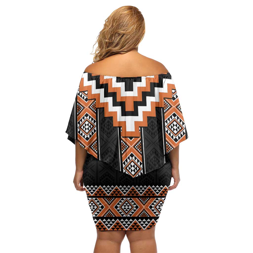 Orange Taniko Pattern Aotearoa Family Matching Off Shoulder Short Dress and Hawaiian Shirt Niho Taniwha Mix Poutama LT14