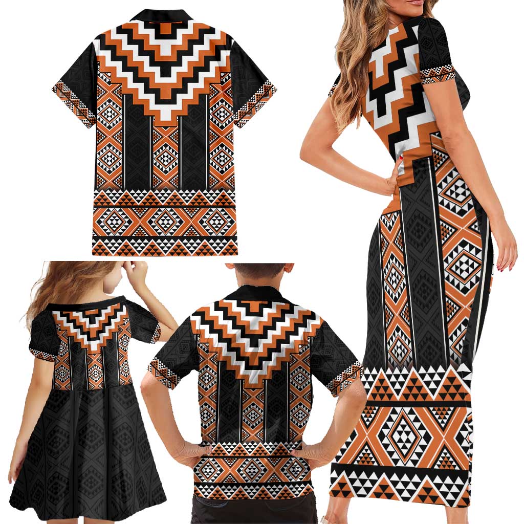 Orange Taniko Pattern Aotearoa Family Matching Short Sleeve Bodycon Dress and Hawaiian Shirt Niho Taniwha Mix Poutama LT14