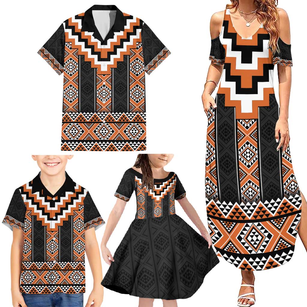 Orange Taniko Pattern Aotearoa Family Matching Summer Maxi Dress and Hawaiian Shirt Niho Taniwha Mix Poutama LT14