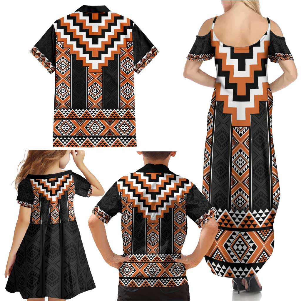 Orange Taniko Pattern Aotearoa Family Matching Summer Maxi Dress and Hawaiian Shirt Niho Taniwha Mix Poutama LT14