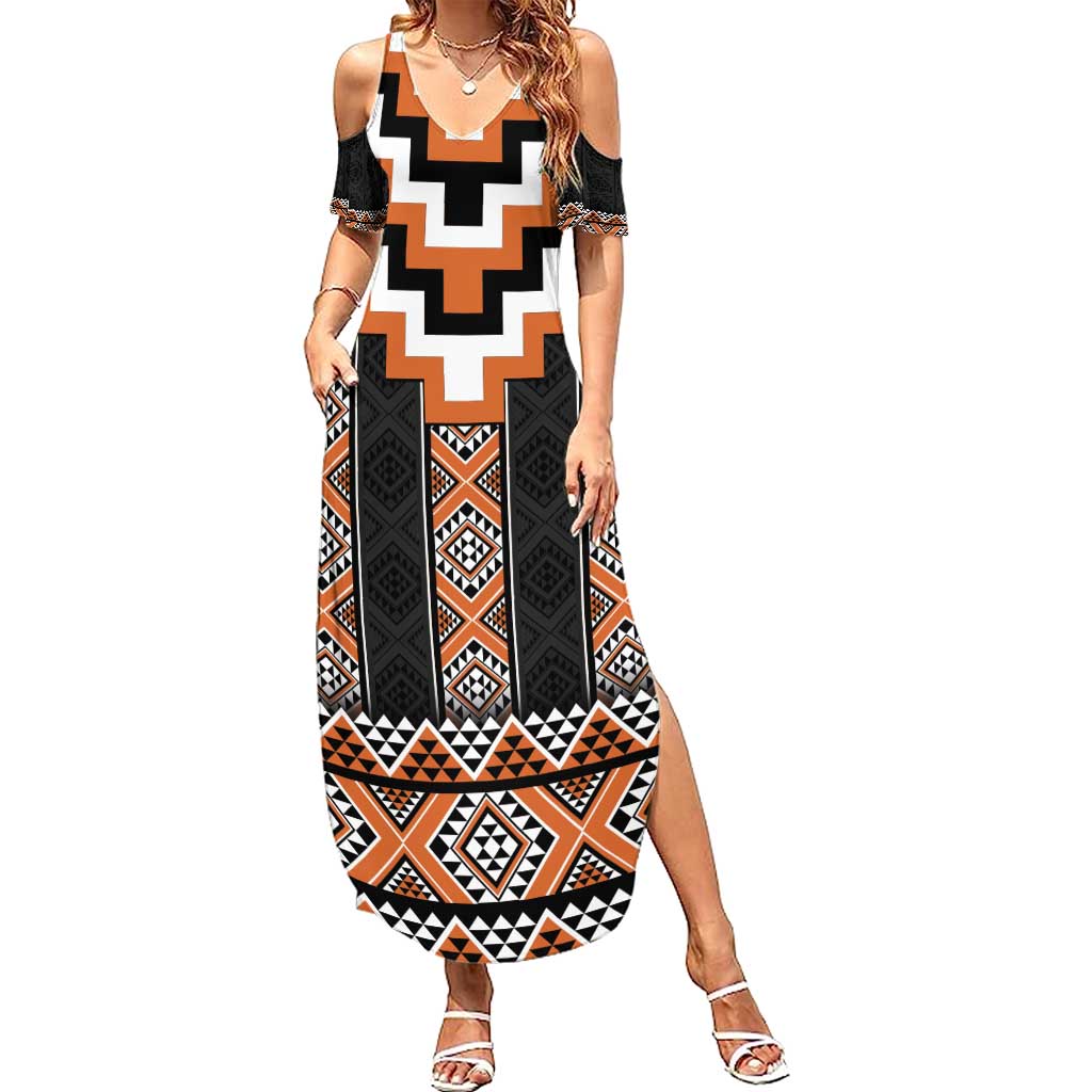 Orange Taniko Pattern Aotearoa Family Matching Summer Maxi Dress and Hawaiian Shirt Niho Taniwha Mix Poutama LT14