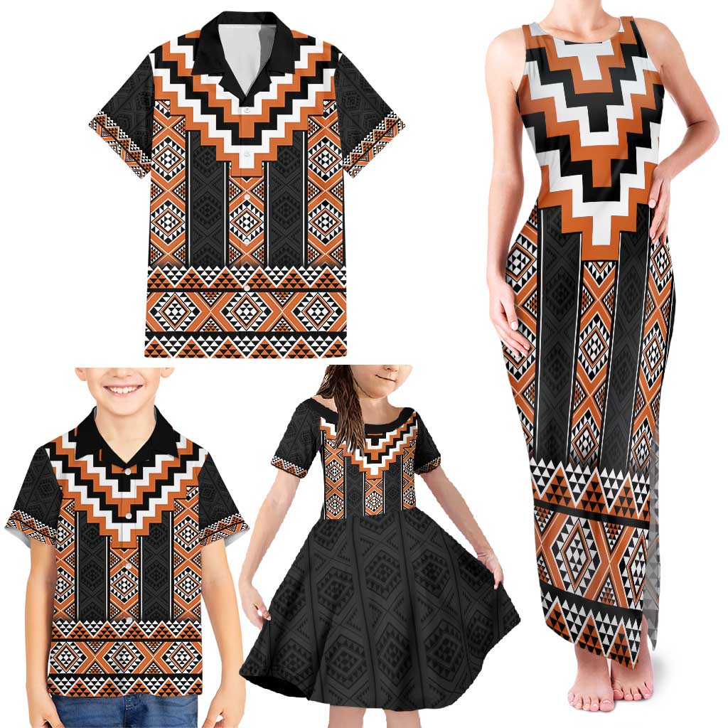 Orange Taniko Pattern Aotearoa Family Matching Tank Maxi Dress and Hawaiian Shirt Niho Taniwha Mix Poutama LT14