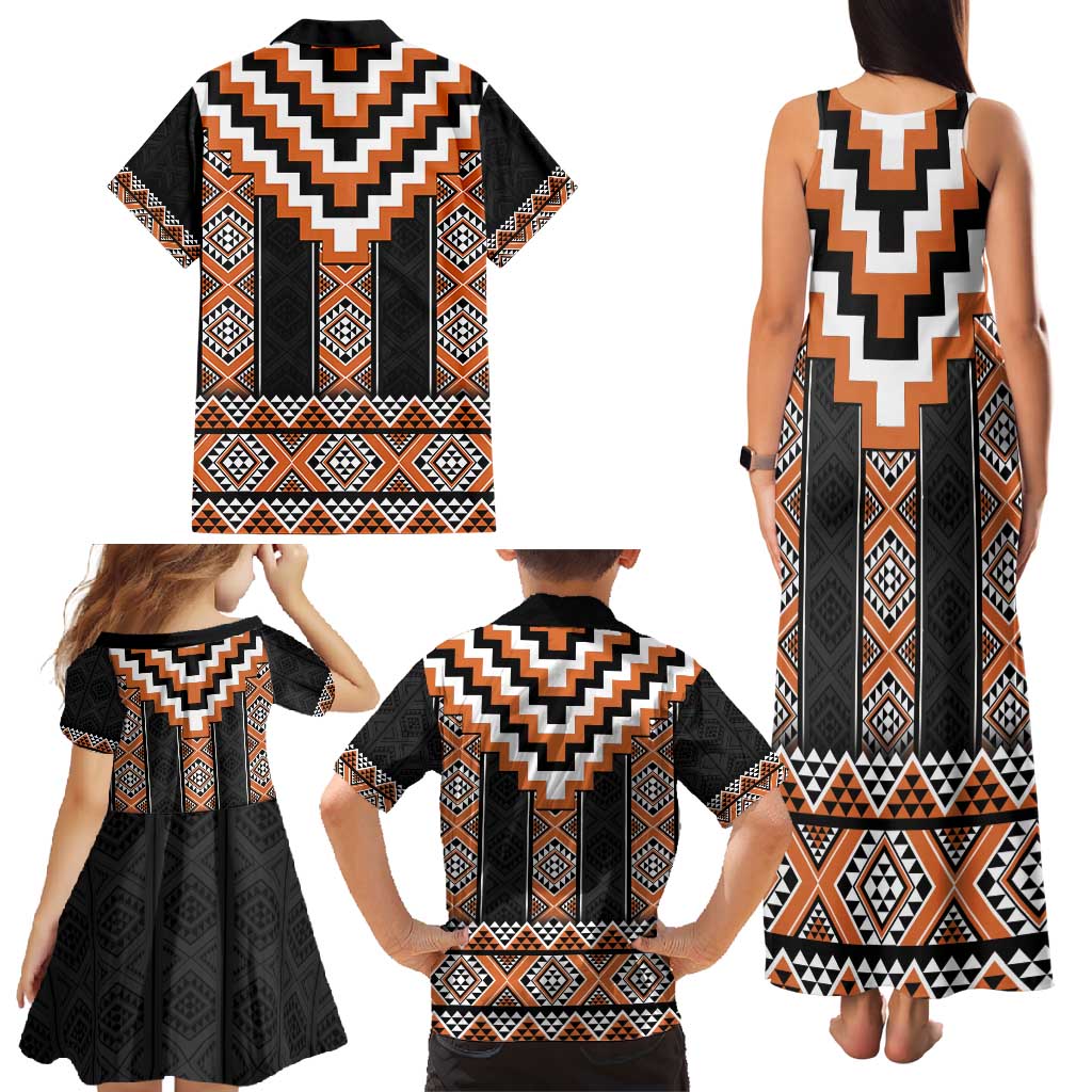 Orange Taniko Pattern Aotearoa Family Matching Tank Maxi Dress and Hawaiian Shirt Niho Taniwha Mix Poutama LT14