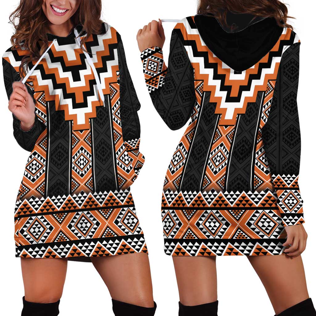 Orange Taniko Pattern Aotearoa Hoodie Dress Niho Taniwha Mix Poutama - Vibe Hoodie Shop