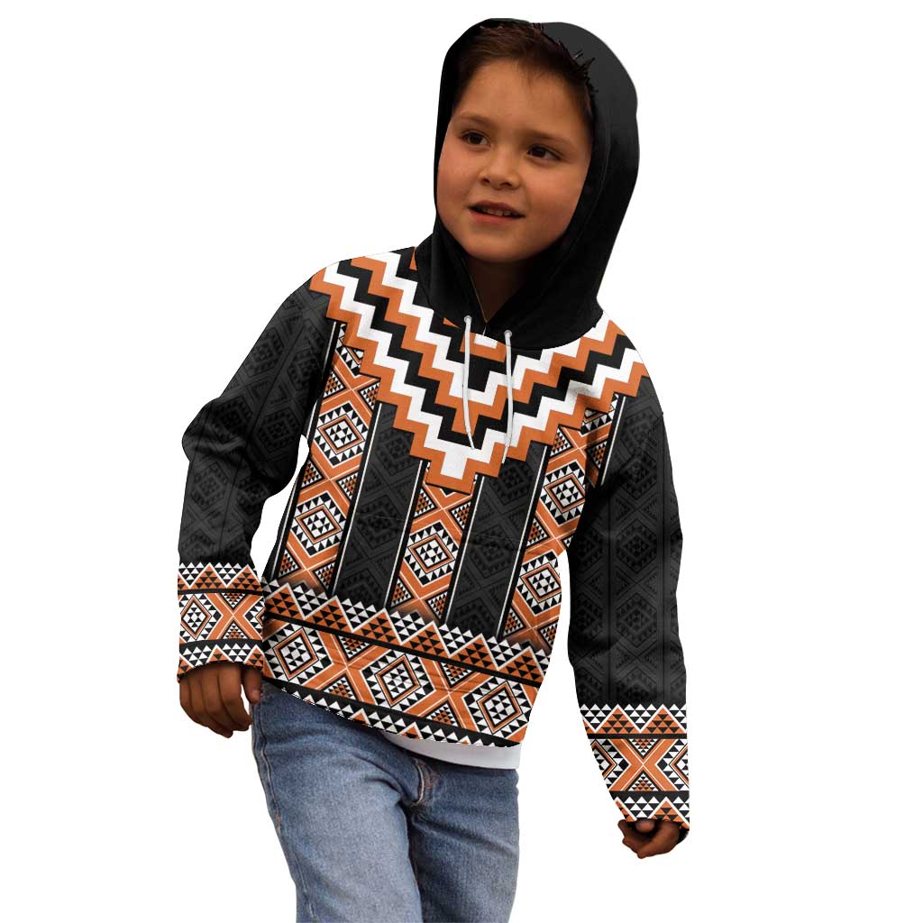 Orange Taniko Pattern Aotearoa Kid Hoodie Niho Taniwha Mix Poutama - Vibe Hoodie Shop