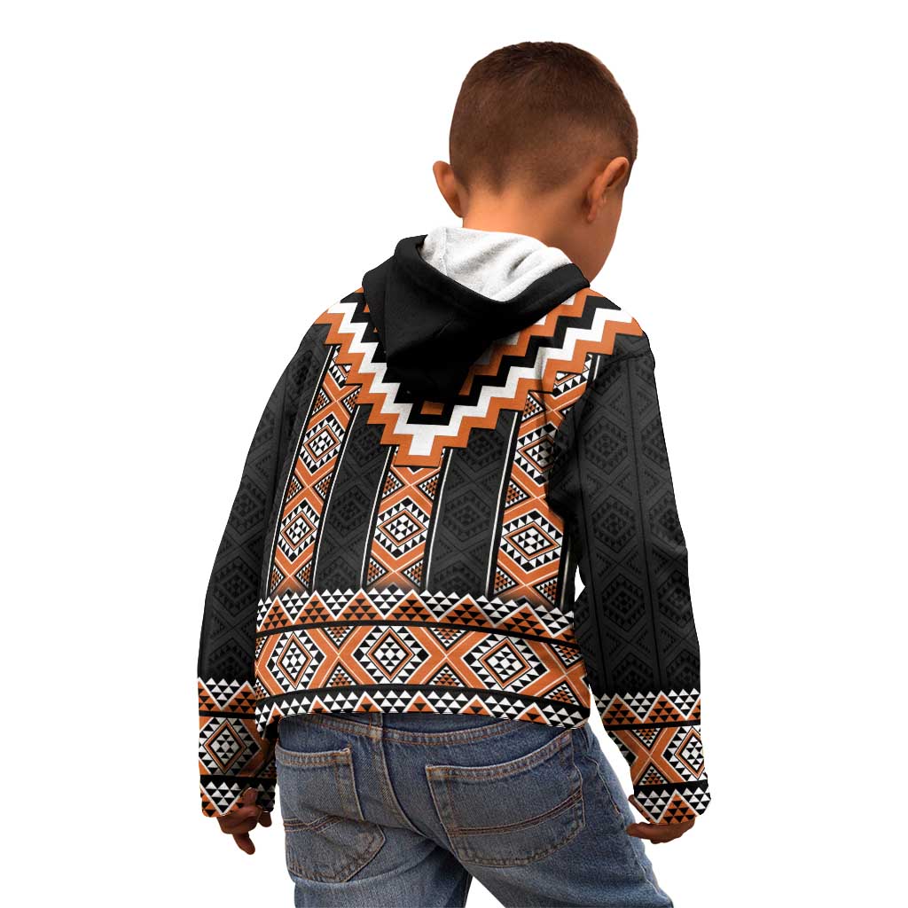 Orange Taniko Pattern Aotearoa Kid Hoodie Niho Taniwha Mix Poutama - Vibe Hoodie Shop