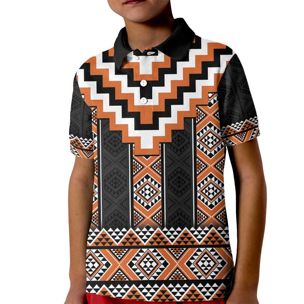 Orange Taniko Pattern Aotearoa Kid Polo Shirt Niho Taniwha Mix Poutama - Vibe Hoodie Shop