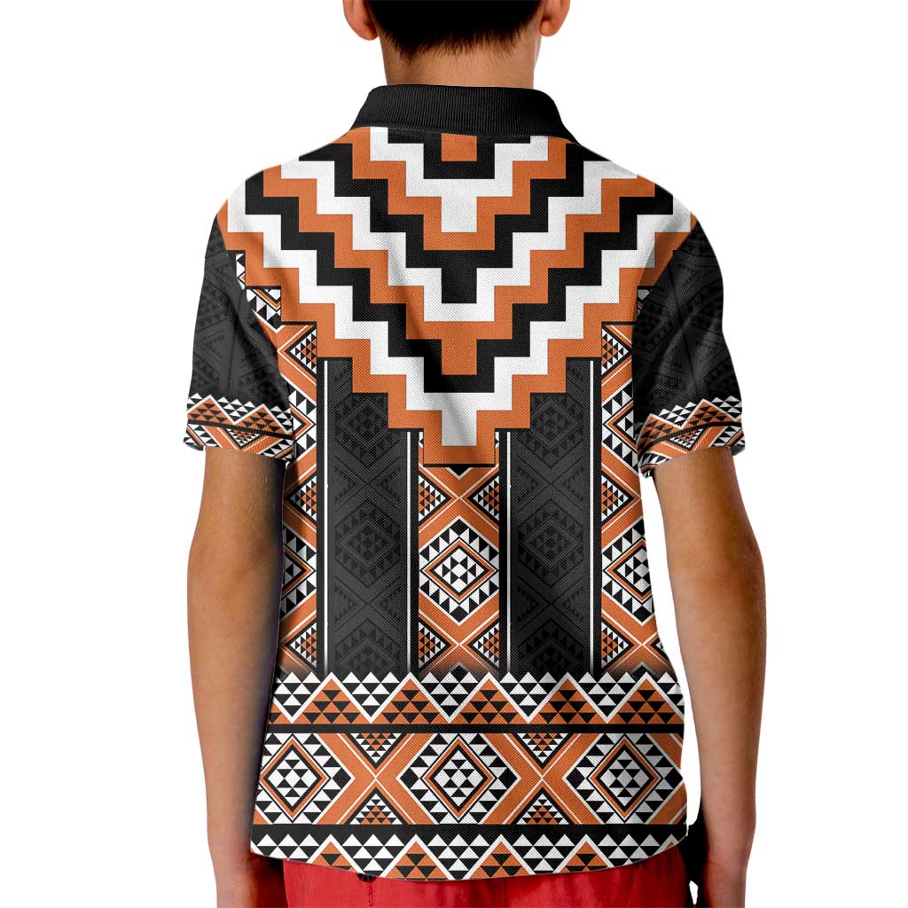 Orange Taniko Pattern Aotearoa Kid Polo Shirt Niho Taniwha Mix Poutama - Vibe Hoodie Shop