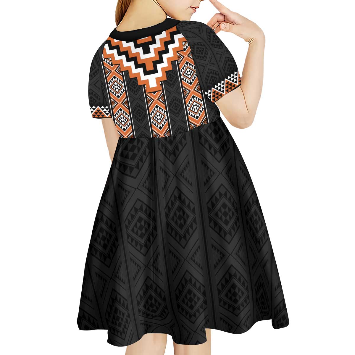 Orange Taniko Pattern Aotearoa Kid Short Sleeve Dress Niho Taniwha Mix Poutama - Vibe Hoodie Shop