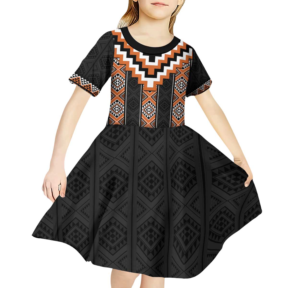 Orange Taniko Pattern Aotearoa Kid Short Sleeve Dress Niho Taniwha Mix Poutama - Vibe Hoodie Shop