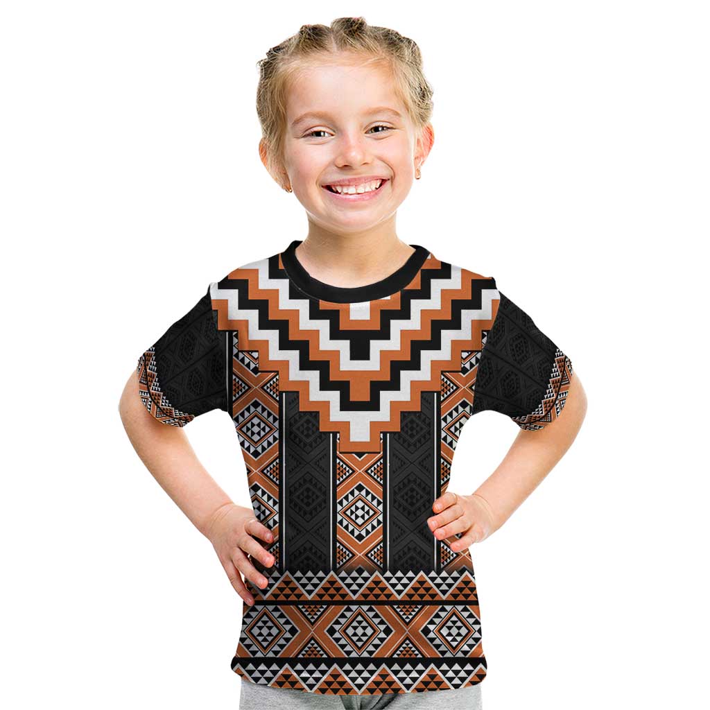 Orange Taniko Pattern Aotearoa Kid T Shirt Niho Taniwha Mix Poutama - Vibe Hoodie Shop