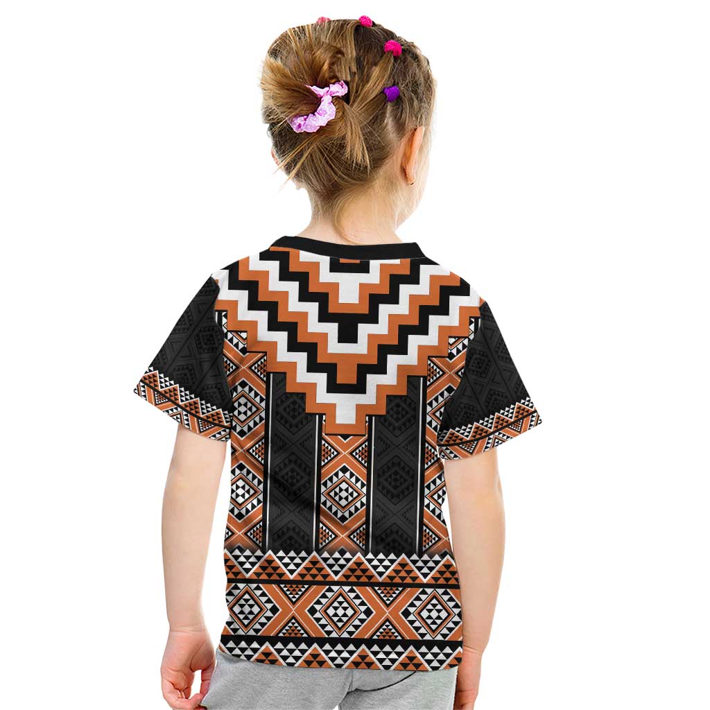 Orange Taniko Pattern Aotearoa Kid T Shirt Niho Taniwha Mix Poutama - Vibe Hoodie Shop