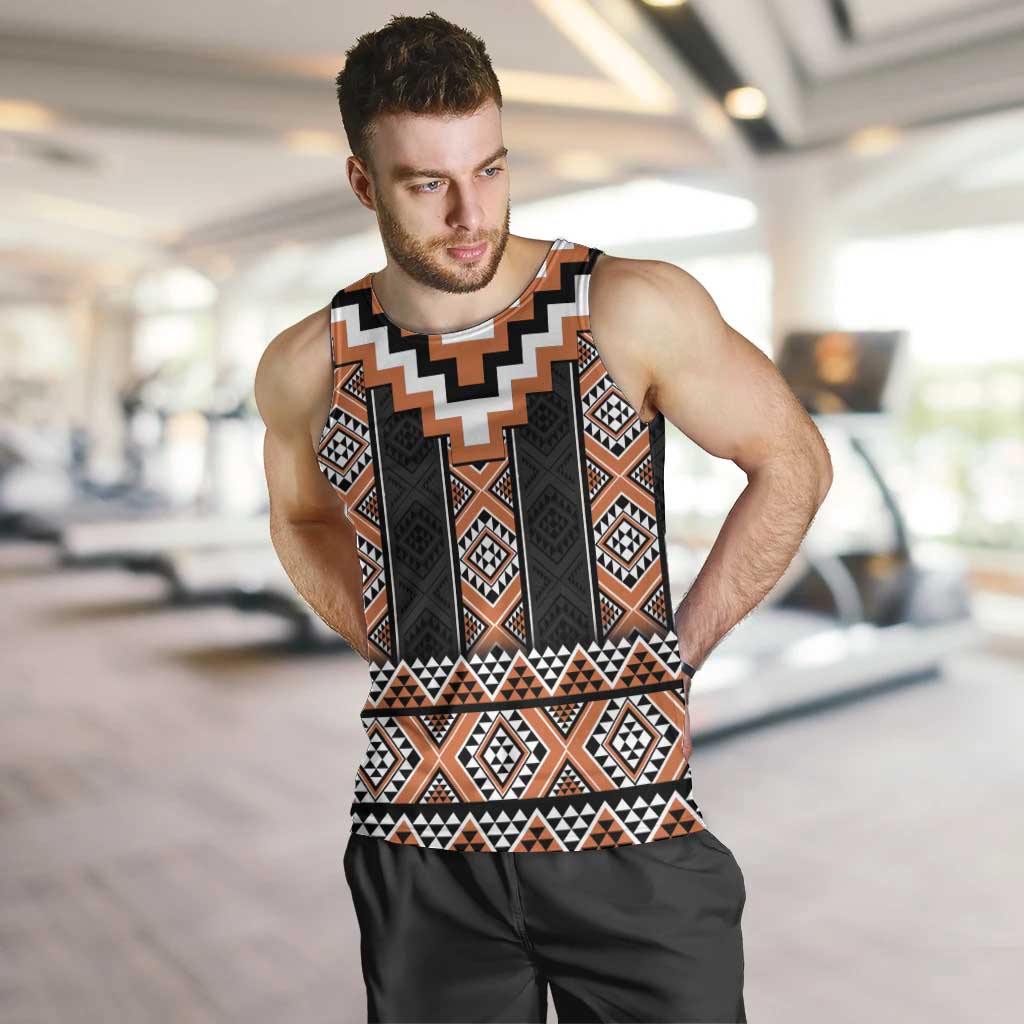 Orange Taniko Pattern Aotearoa Men Tank Top Niho Taniwha Mix Poutama - Vibe Hoodie Shop