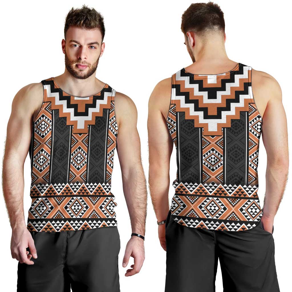 Orange Taniko Pattern Aotearoa Men Tank Top Niho Taniwha Mix Poutama - Vibe Hoodie Shop