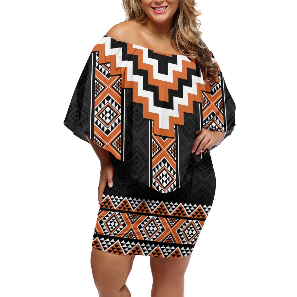 Orange Taniko Pattern Aotearoa Off Shoulder Short Dress Niho Taniwha Mix Poutama LT14