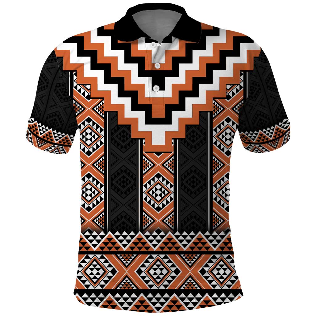 Orange Taniko Pattern Aotearoa Polo Shirt Niho Taniwha Mix Poutama - Vibe Hoodie Shop