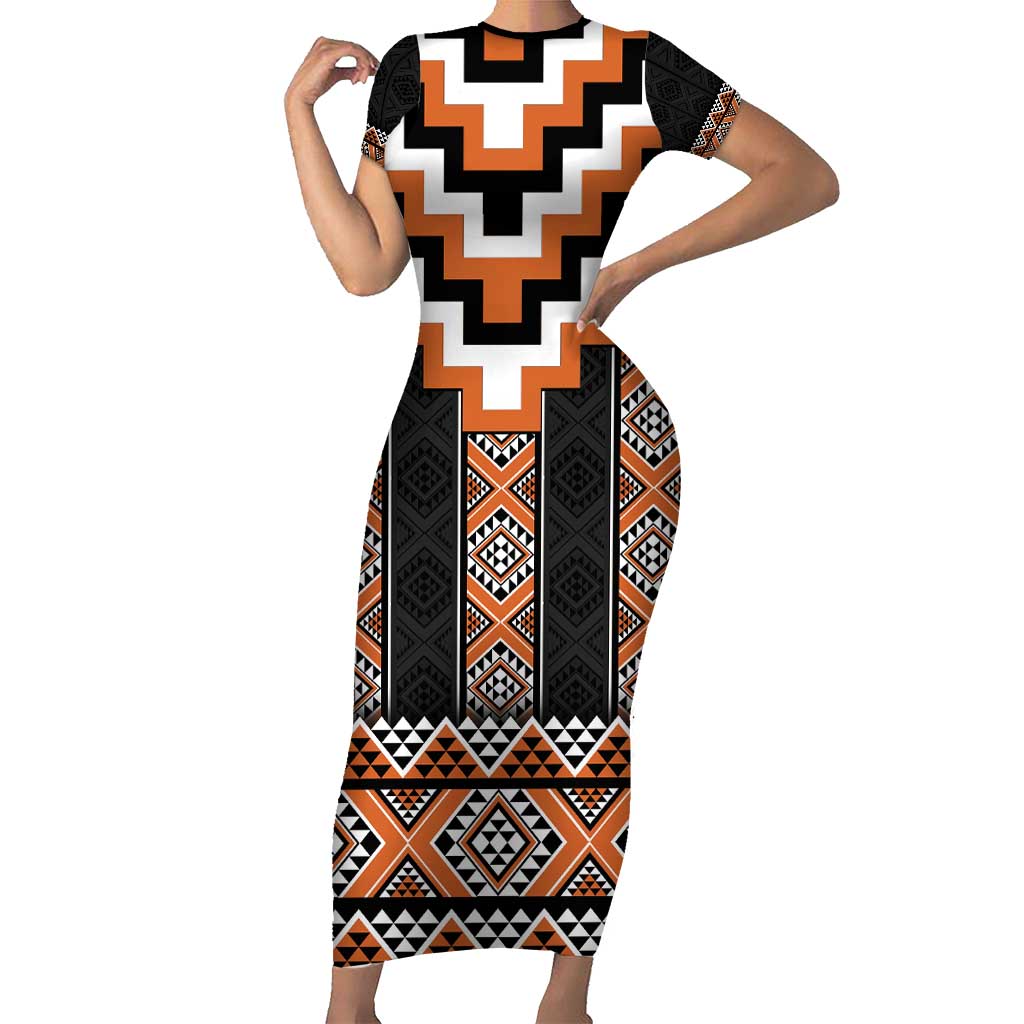 Orange Taniko Pattern Aotearoa Short Sleeve Bodycon Dress Niho Taniwha Mix Poutama LT14