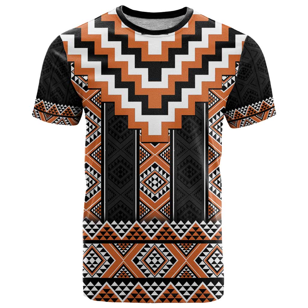 Orange Taniko Pattern Aotearoa T Shirt Niho Taniwha Mix Poutama - Vibe Hoodie Shop