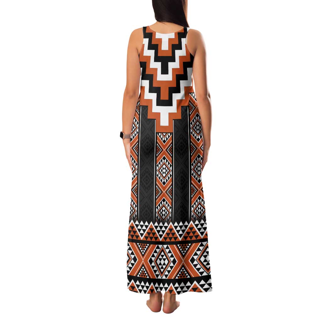 Orange Taniko Pattern Aotearoa Tank Maxi Dress Niho Taniwha Mix Poutama LT14