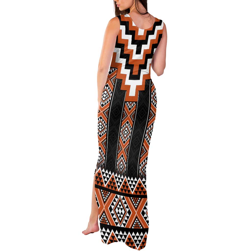 Orange Taniko Pattern Aotearoa Tank Maxi Dress Niho Taniwha Mix Poutama LT14