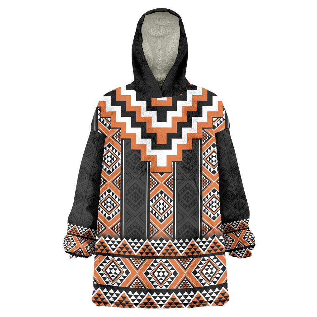 Orange Taniko Pattern Aotearoa Wearable Blanket Hoodie Niho Taniwha Mix Poutama - Vibe Hoodie Shop