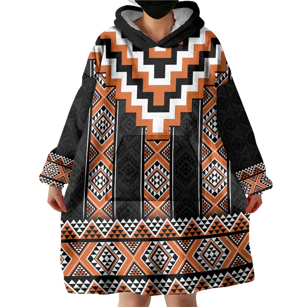 Orange Taniko Pattern Aotearoa Wearable Blanket Hoodie Niho Taniwha Mix Poutama - Vibe Hoodie Shop