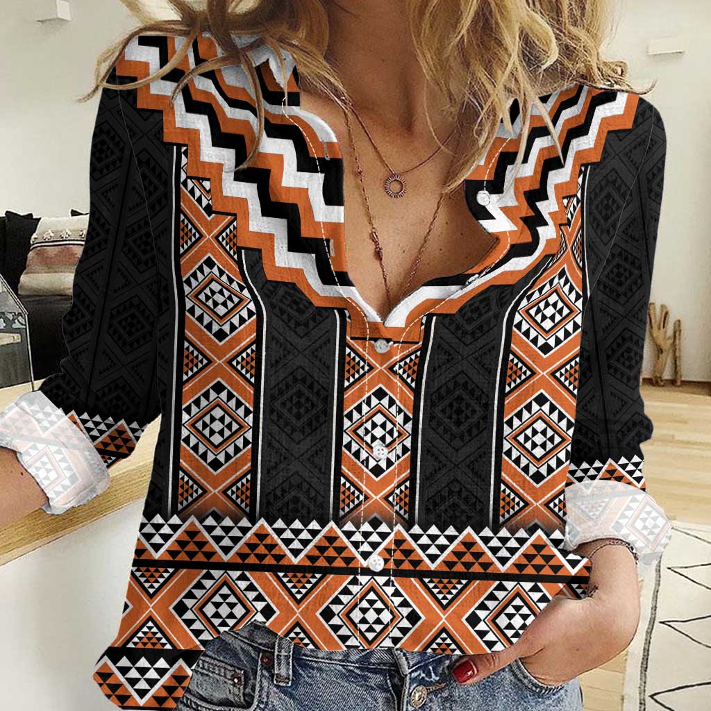 Orange Taniko Pattern Aotearoa Women Casual Shirt Niho Taniwha Mix Poutama - Vibe Hoodie Shop