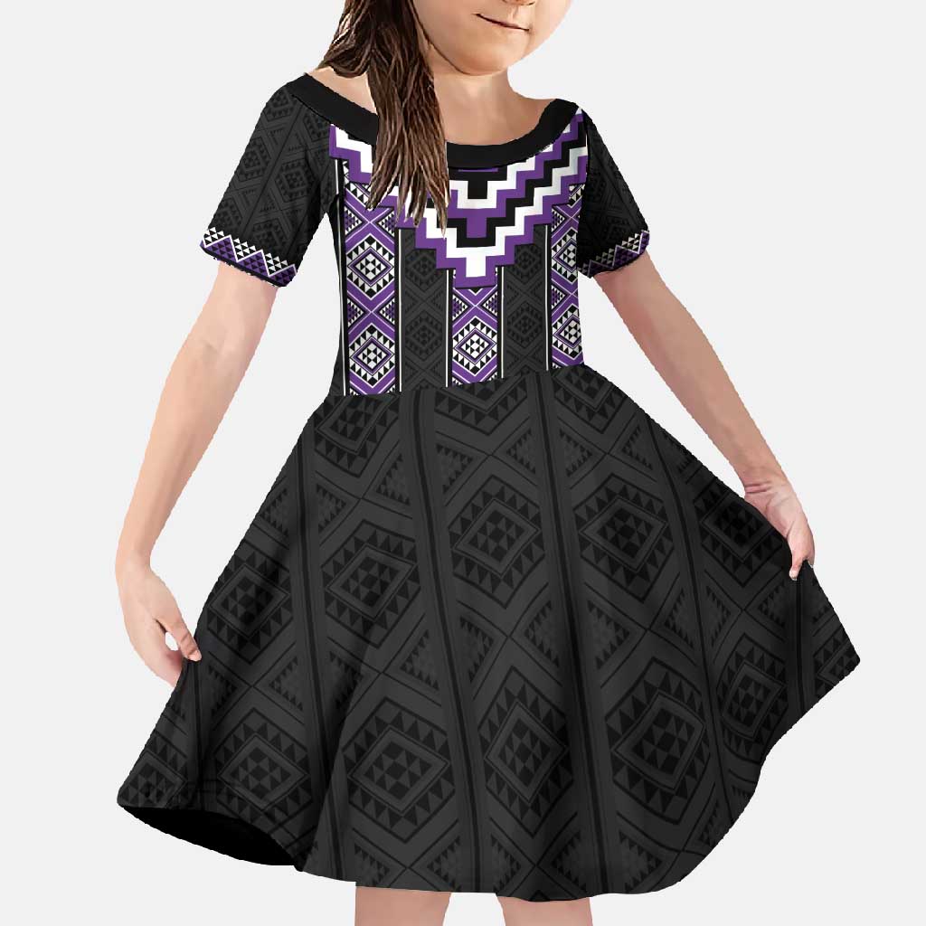 Purple Taniko Pattern Aotearoa Family Matching Long Sleeve Bodycon Dress and Hawaiian Shirt Niho Taniwha Mix Poutama LT14