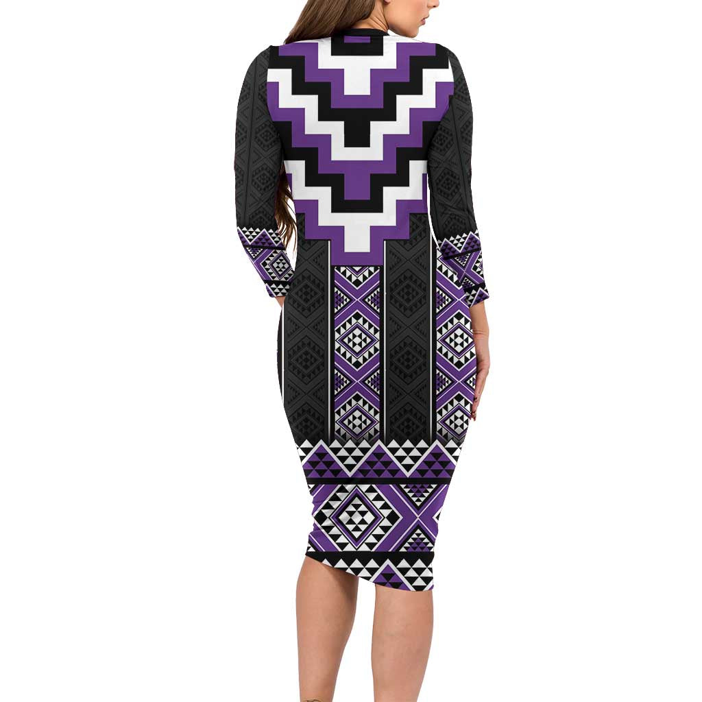 Purple Taniko Pattern Aotearoa Family Matching Long Sleeve Bodycon Dress and Hawaiian Shirt Niho Taniwha Mix Poutama LT14