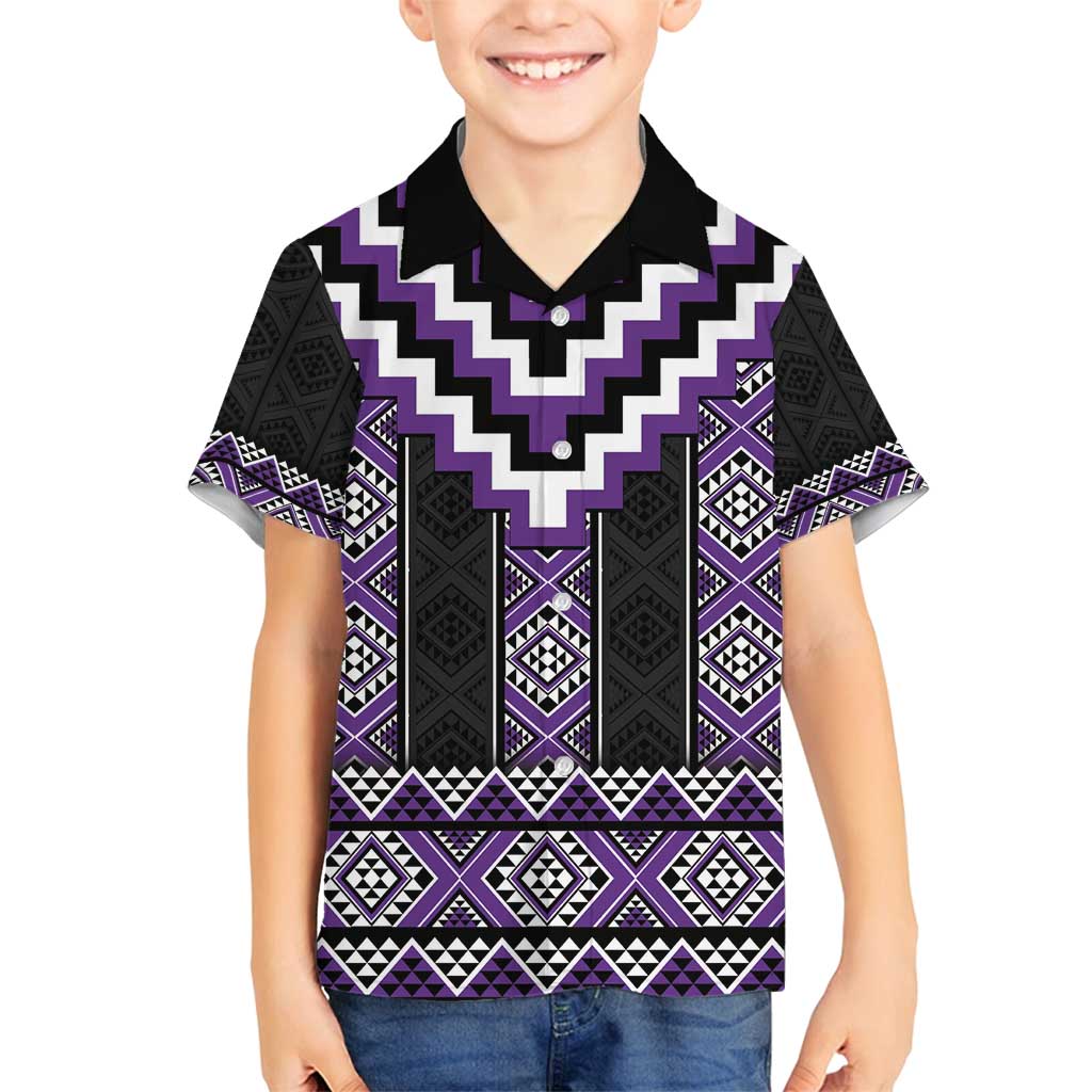 Purple Taniko Pattern Aotearoa Family Matching Long Sleeve Bodycon Dress and Hawaiian Shirt Niho Taniwha Mix Poutama LT14