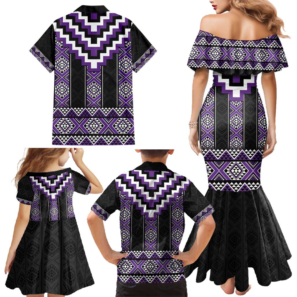 Purple Taniko Pattern Aotearoa Family Matching Mermaid Dress and Hawaiian Shirt Niho Taniwha Mix Poutama LT14