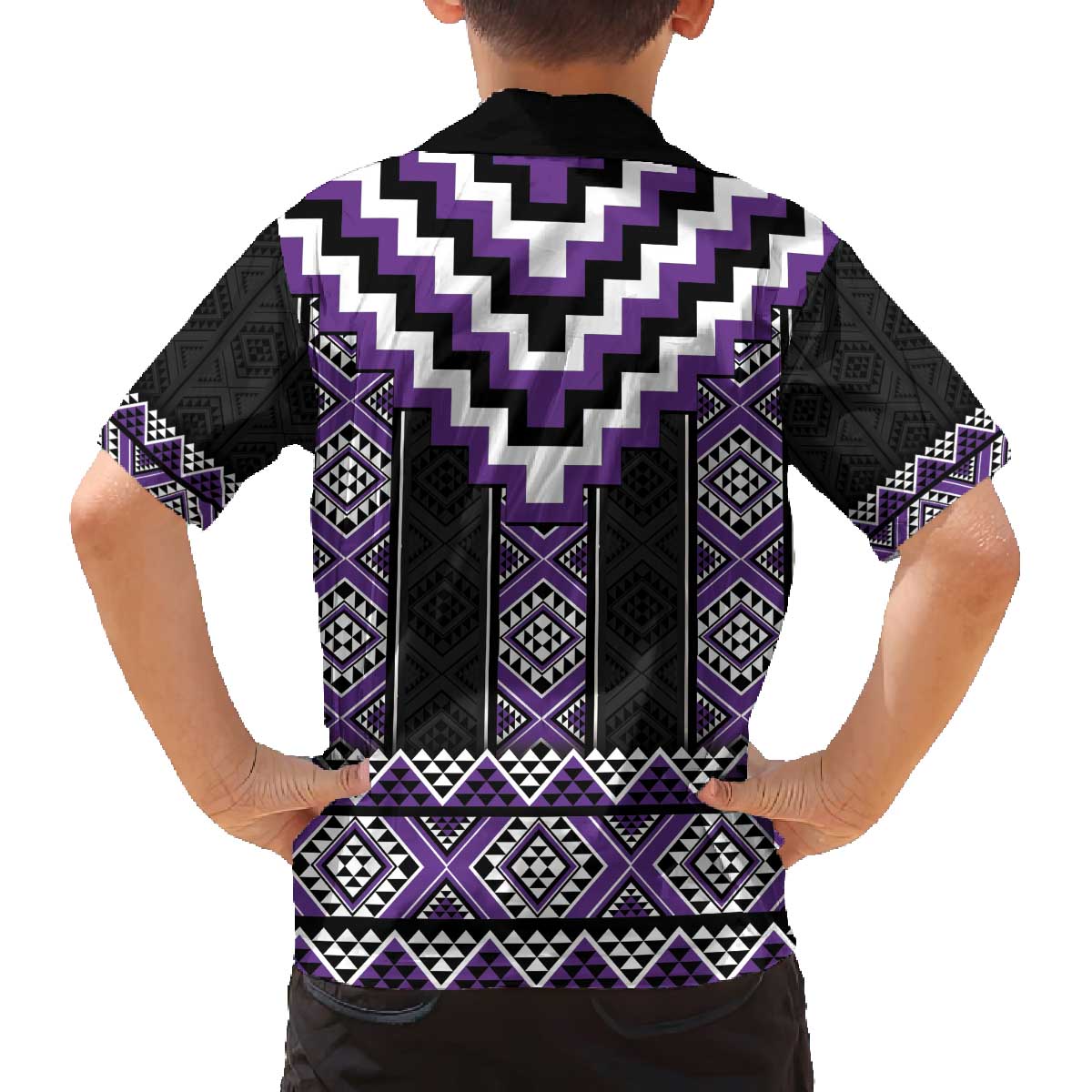 Purple Taniko Pattern Aotearoa Family Matching Off The Shoulder Long Sleeve Dress and Hawaiian Shirt Niho Taniwha Mix Poutama LT14