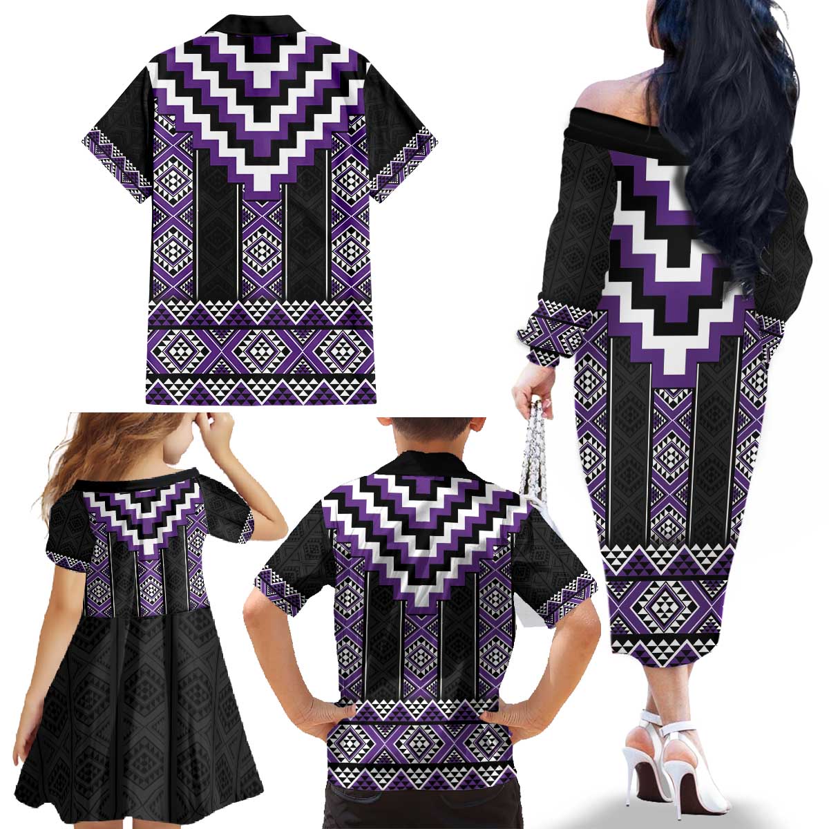 Purple Taniko Pattern Aotearoa Family Matching Off The Shoulder Long Sleeve Dress and Hawaiian Shirt Niho Taniwha Mix Poutama LT14