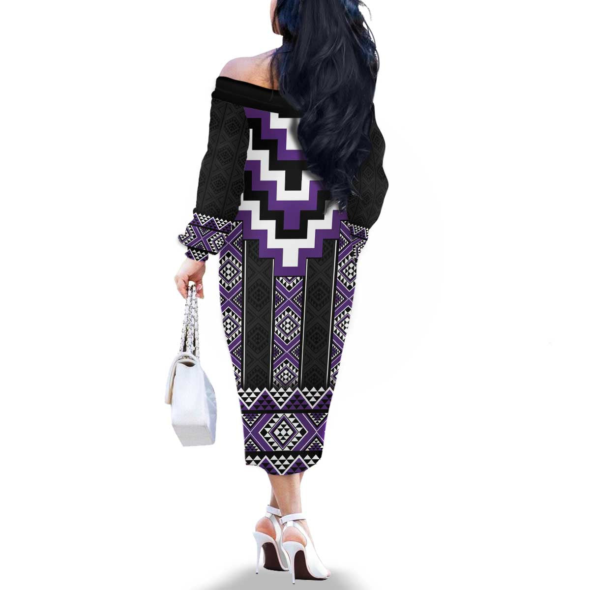 Purple Taniko Pattern Aotearoa Family Matching Off The Shoulder Long Sleeve Dress and Hawaiian Shirt Niho Taniwha Mix Poutama LT14