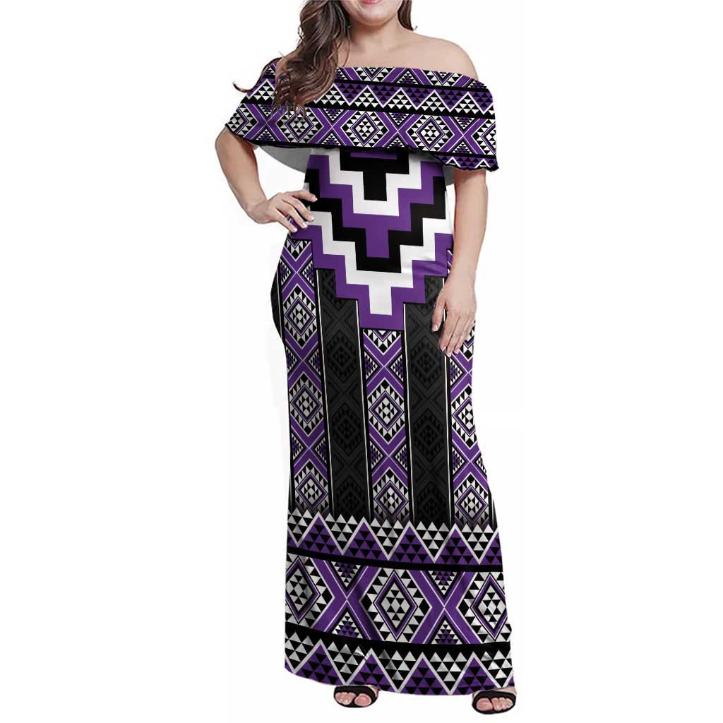 Purple Taniko Pattern Aotearoa Family Matching Off Shoulder Maxi Dress and Hawaiian Shirt Niho Taniwha Mix Poutama LT14