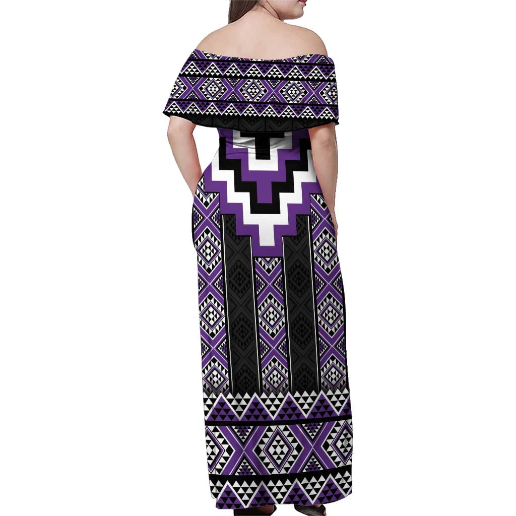 Purple Taniko Pattern Aotearoa Family Matching Off Shoulder Maxi Dress and Hawaiian Shirt Niho Taniwha Mix Poutama LT14