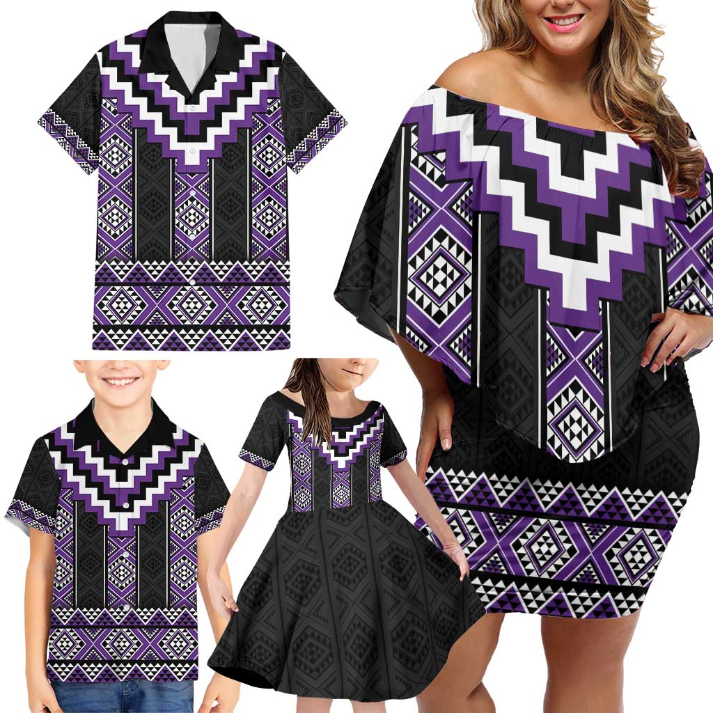 Purple Taniko Pattern Aotearoa Family Matching Off Shoulder Short Dress and Hawaiian Shirt Niho Taniwha Mix Poutama LT14