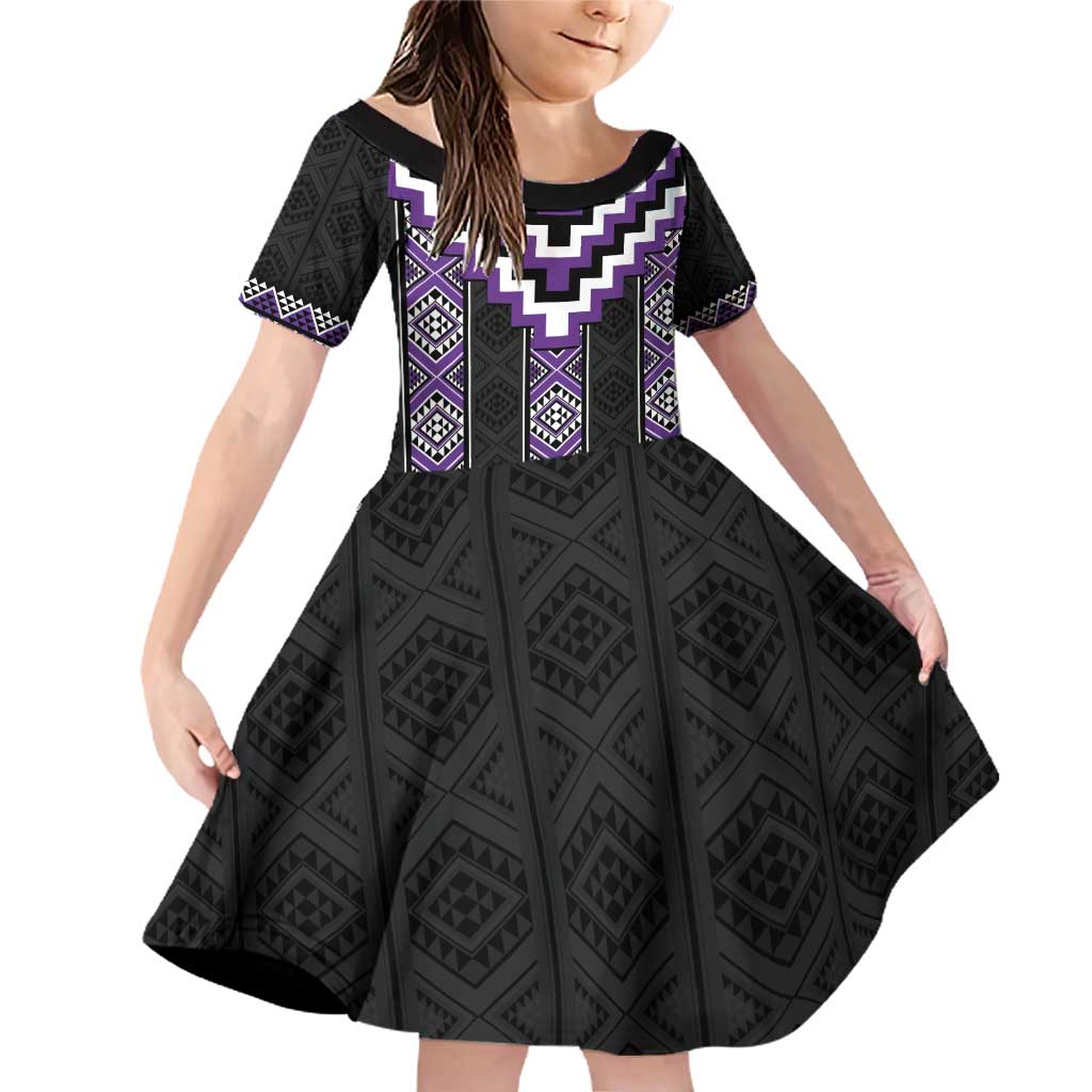 Purple Taniko Pattern Aotearoa Family Matching Off Shoulder Short Dress and Hawaiian Shirt Niho Taniwha Mix Poutama LT14