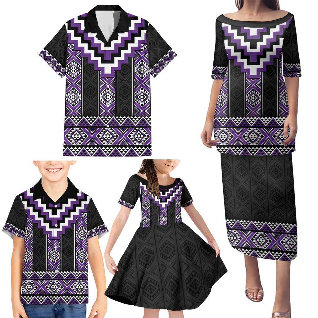 Purple Taniko Pattern Aotearoa Family Matching Puletasi and Hawaiian Shirt Niho Taniwha Mix Poutama LT14